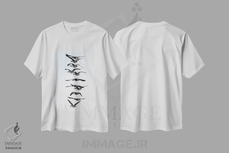 تیشرت سفید طرح دار – تیشرت طبیعت ,پرواز غازها به صورت دسته جمعی اثر مایکل شوفلر فروشگاه ایماژ