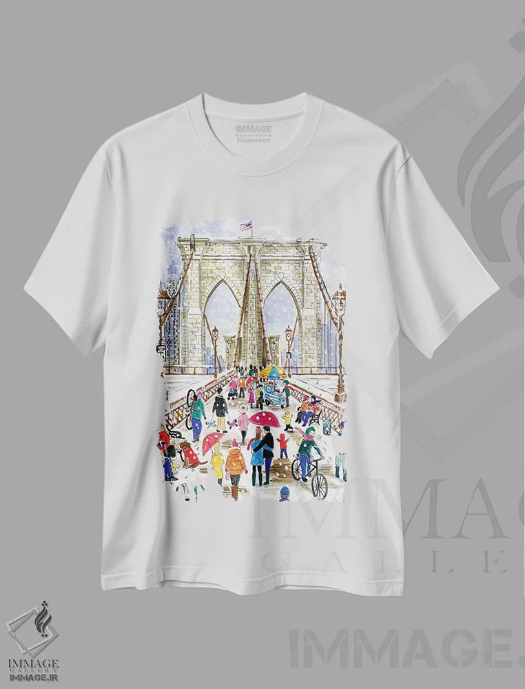 تیشرت سفید طرح دار – تیشرت شهری ,پل بروکلین اثر مایکل استورینگس فروشگاه ایماژ