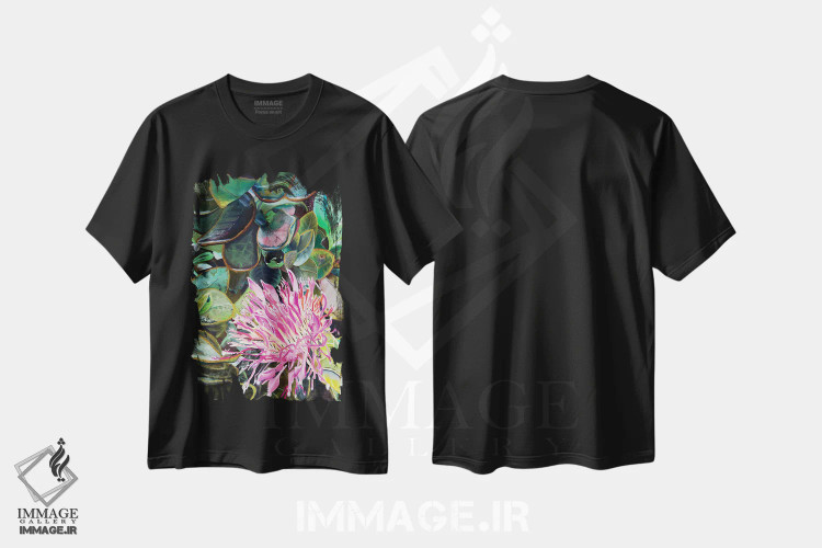 تیشرت مشکی طرح دار – تیشرت هنری گلدار ,آرایش موی صبحگاهی اثر مارینا استریاکووا immage.ir
