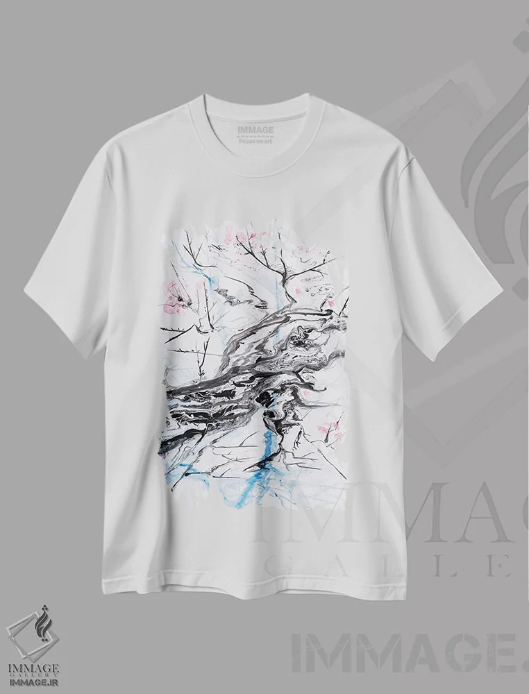 تیشرت سفید طرح دار – تیشرت هنری گلدار ,شکوفهٔ گیلاس I اثر مارینا استریاکووا فروشگاه ایماژ