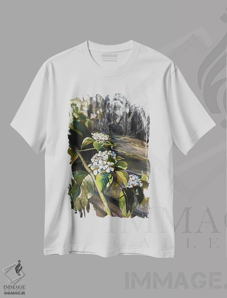 تیشرت سفید طرح دار – تیشرت طبیعت ,شکوفهٔ سیب اثر مارینا استریاکووا فروشگاه ایماژ