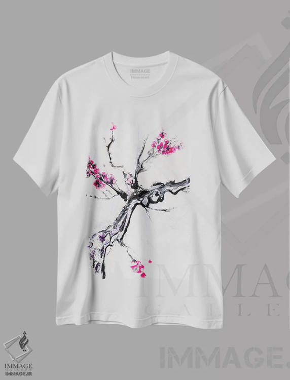 تیشرت سفید طرح دار – تیشرت هنری طبیعت ,شکوفهٔ گیلاس II اثر مارینا استریاکووا immage.ir