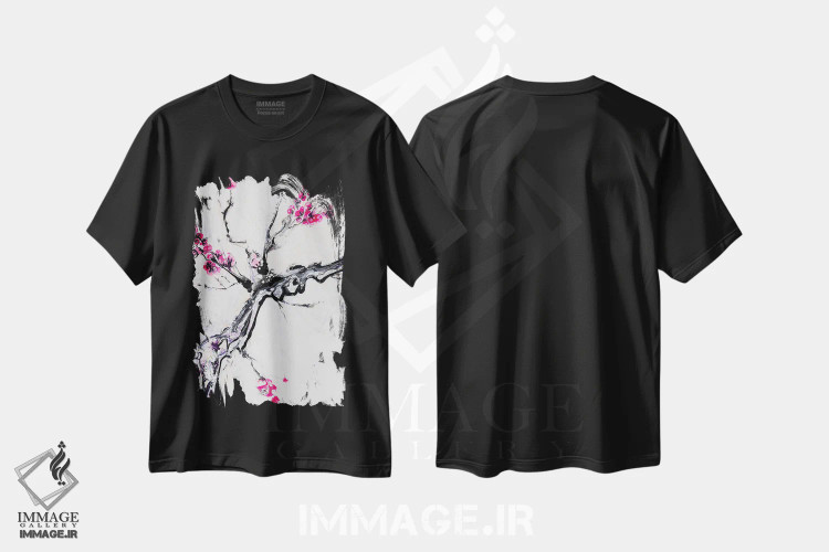 تیشرت مشکی طرح دار – تیشرت هنری طبیعت ,شکوفهٔ گیلاس II اثر مارینا استریاکووا فروشگاه ایماژ