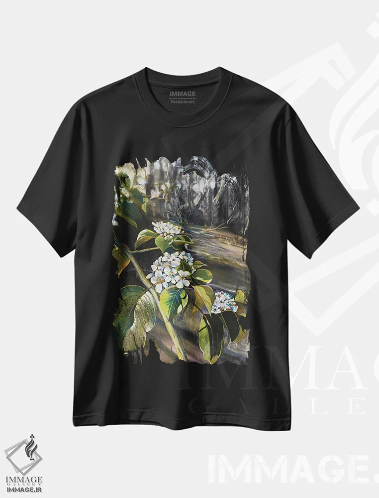 تیشرت مشکی طرح دار – تیشرت طبیعت ,شکوفهٔ سیب اثر مارینا استریاکووا immage.ir