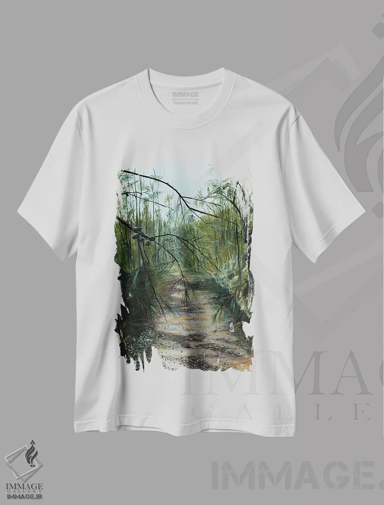 تیشرت سفید طرح دار – تیشرت طبیعت ,صبح مه آلود اثر مارینا استریاکووا immage.ir