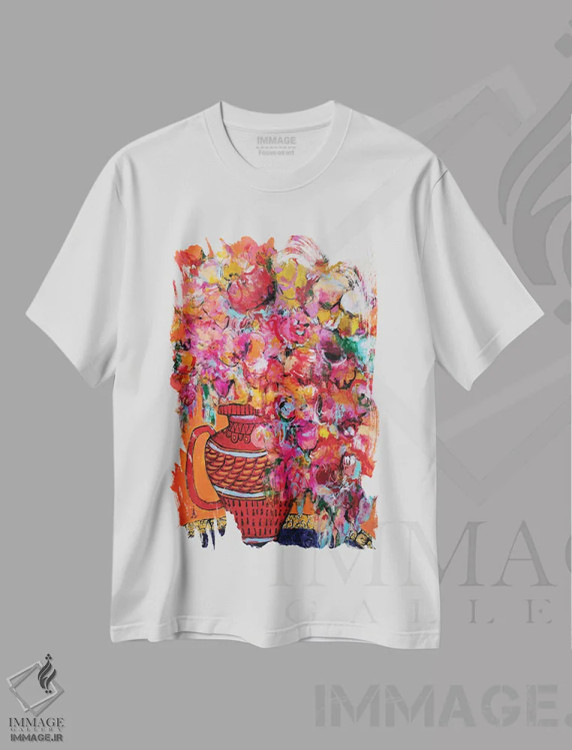 تیشرت سفید طرح دار – تیشرت هنری ,گلدان قرمز دسته دار اثر میساکو چیدا فروشگاه ایماژ