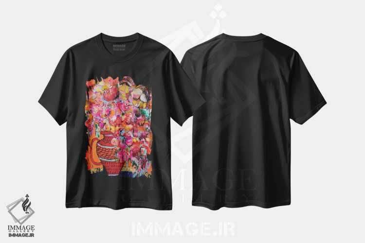 تیشرت مشکی طرح دار – تیشرت هنری ,گلدان قرمز دسته دار اثر میساکو چیدا immage.ir