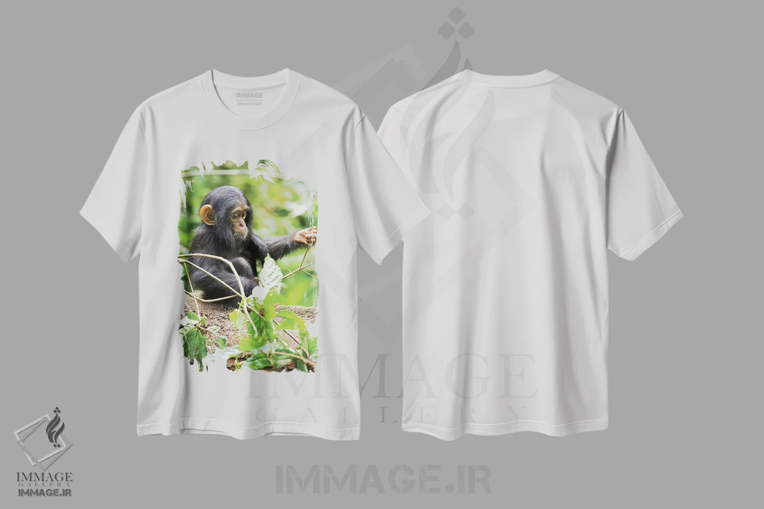 تیشرت سفید طرح دار – تیشرت طبیعت ,Uganda, Kibale National Park. An infant chimpanzee plays with a stick.,آفریقا، اوگاندا، پارک ملی کیباله. یک شامپانزه نوزاد با چوب بازی می کند اثر کریستین موشر فروشگاه ایماژ