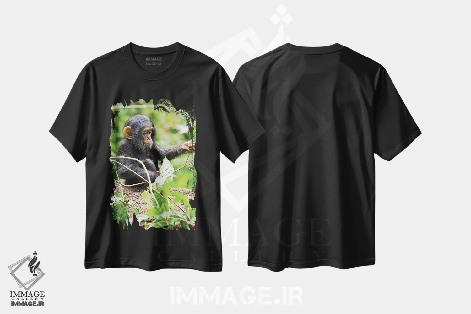 تیشرت مشکی طرح دار – تیشرت طبیعت ,Uganda, Kibale National Park. An infant chimpanzee plays with a stick.,آفریقا، اوگاندا، پارک ملی کیباله. یک شامپانزه نوزاد با چوب بازی می کند اثر کریستین موشر immage.ir