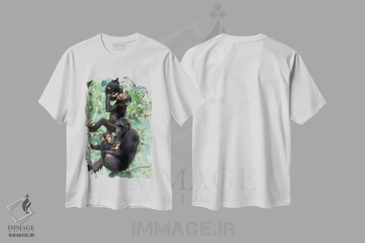 تیشرت سفید طرح دار – تیشرت طبیعت ,Africa, Tanzania, Gombe National Park,شامپانزه های نر جوان بالای مادر و نوزاد بازی می کنند، آفریقا، تانزانیا، پارک ملی گومبه اثر کریستین موشر فروشگاه ایماژ