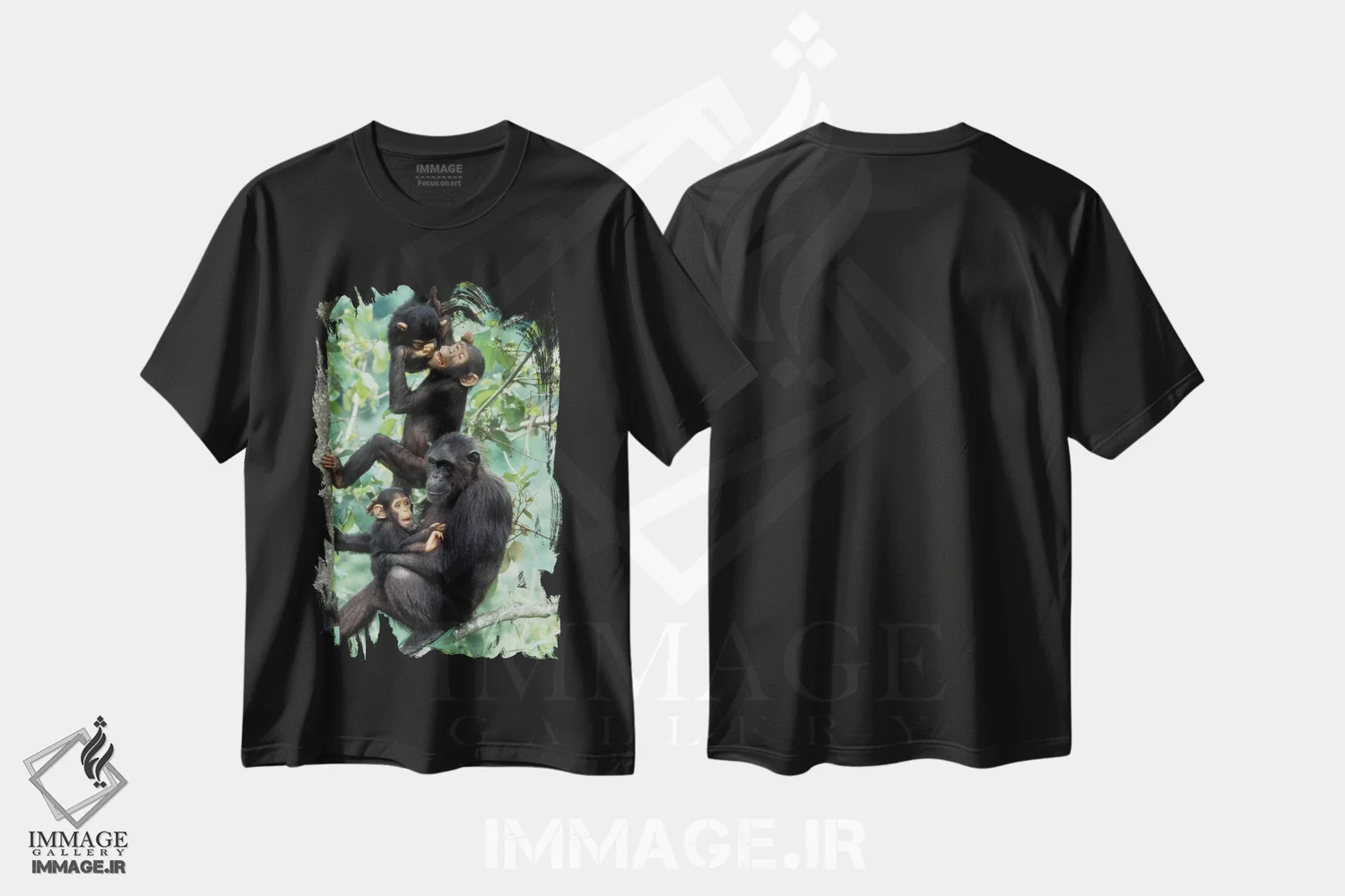 تیشرت مشکی طرح دار – تیشرت طبیعت ,Africa, Tanzania, Gombe National Park,شامپانزه های نر جوان بالای مادر و نوزاد بازی می کنند، آفریقا، تانزانیا، پارک ملی گومبه اثر کریستین موشر immage.ir