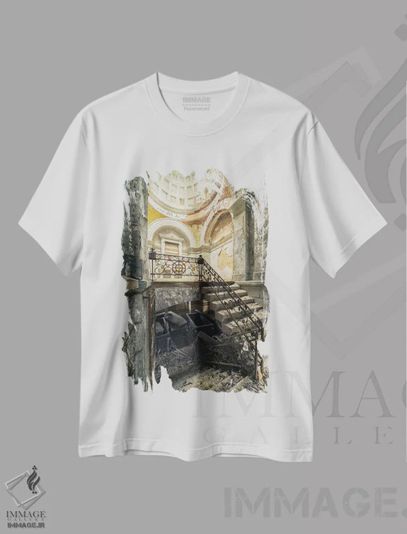 تیشرت سفید طرح دار – تیشرت هنری معماری ,پله ها به سوی زیرزمین اثر مایکل شوآن immage.ir