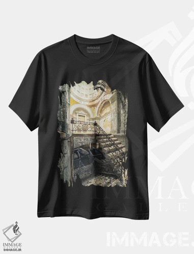 تیشرت مشکی طرح دار – تیشرت هنری معماری ,پله ها به سوی زیرزمین اثر مایکل شوآن فروشگاه ایماژ