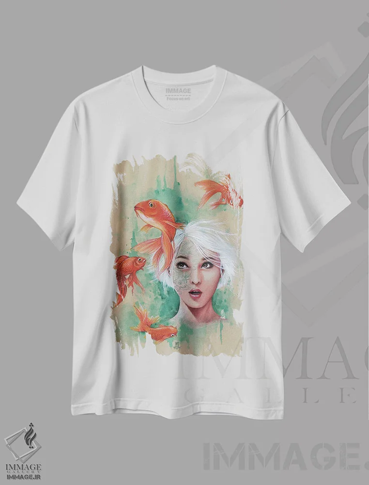 تیشرت سفید طرح دار – تیشرت دریا ,دوشیزه با ماهی ها اثر میستگری فروشگاه ایماژ