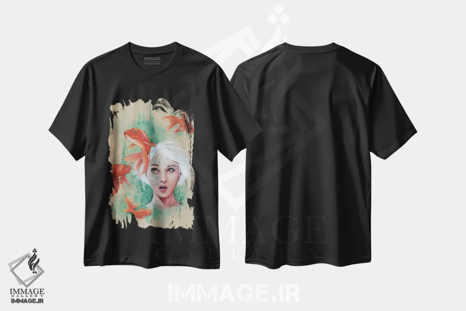 تیشرت مشکی طرح دار – تیشرت دریا ,دوشیزه با ماهی ها اثر میستگری immage.ir