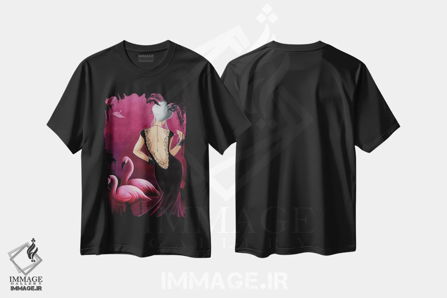 تیشرت مشکی طرح دار – تیشرت فانتزی رنگی ,فلامینگوی صورتی اثر میستگری فروشگاه ایماژ