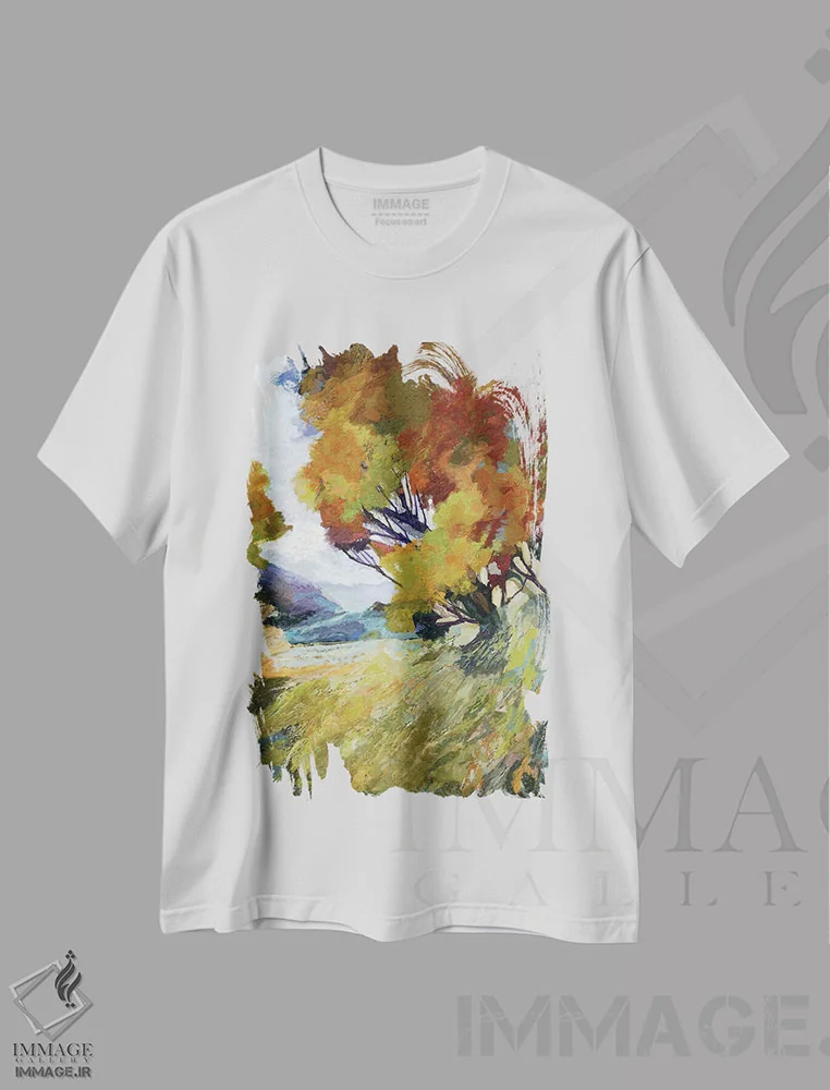 تیشرت سفید طرح دار – تیشرت طبیعت ,شکوفهٔ پاییزی اثر مایکل تین هارا فروشگاه ایماژ