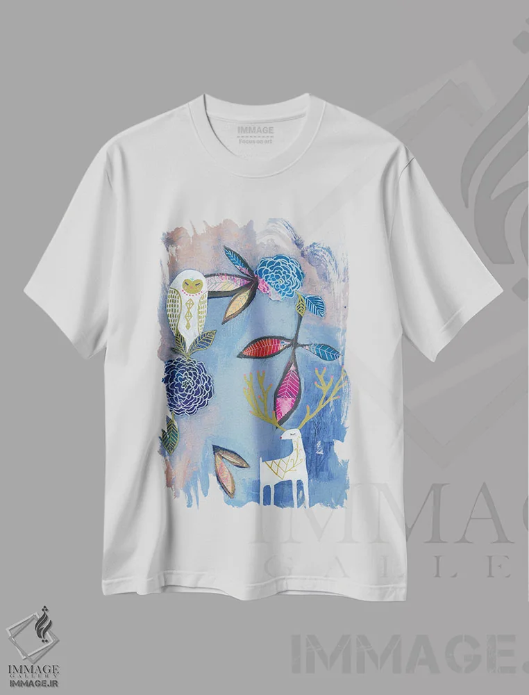 تیشرت سفید طرح دار – تیشرت طبیعت ,جغد و گوزن اثر مَتی رز فروشگاه ایماژ