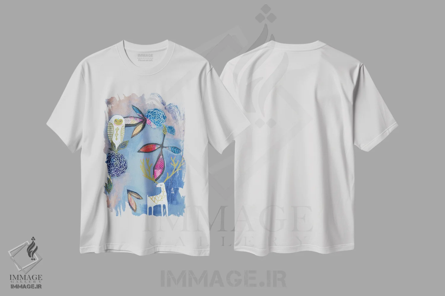 تیشرت سفید طرح دار – تیشرت طبیعت ,جغد و گوزن اثر مَتی رز فروشگاه ایماژ