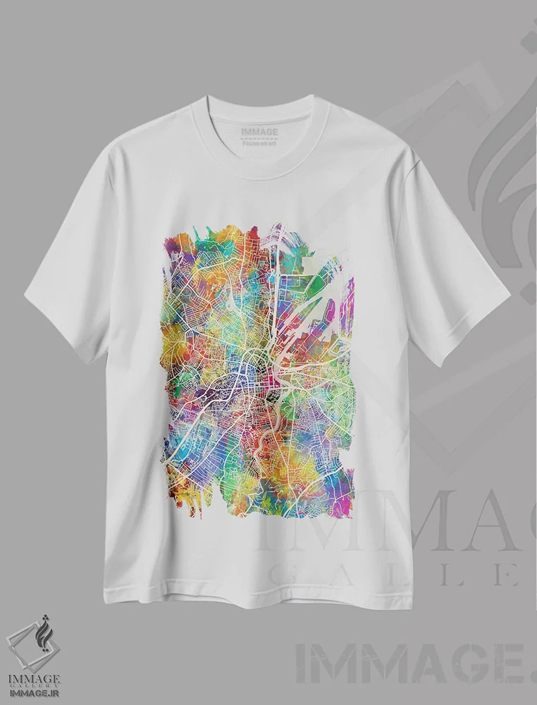 تیشرت سفید طرح دار – تیشرت فانتزی ,نقشه شهری بلفاست با پاشش رنگین کمانی، ایرلند شمالی اثر مایکل تامپست فروشگاه ایماژ