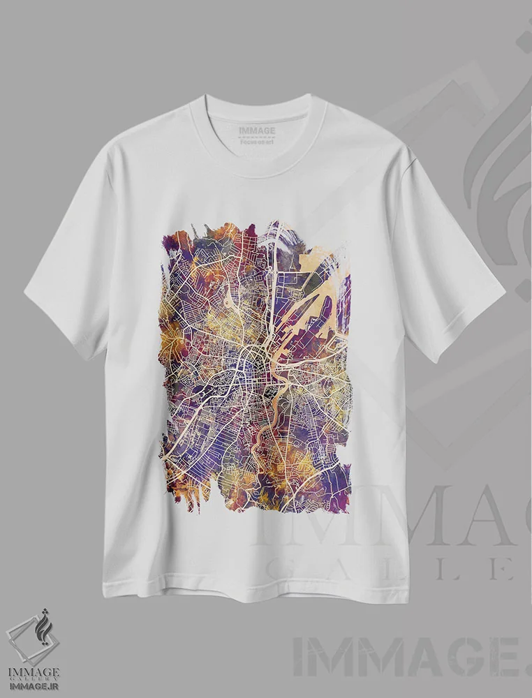 تیشرت سفید طرح دار – تیشرت هنری ,نقشه شهری بلفاست، ایرلند شمالی اثر مایکل تامپست immage.ir