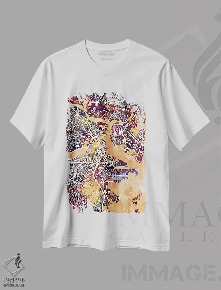 تیشرت سفید طرح دار – تیشرت نقشه دار ,نقشه خیابانی بوستون، ماساچوست اثر مایکل تامپست immage.ir