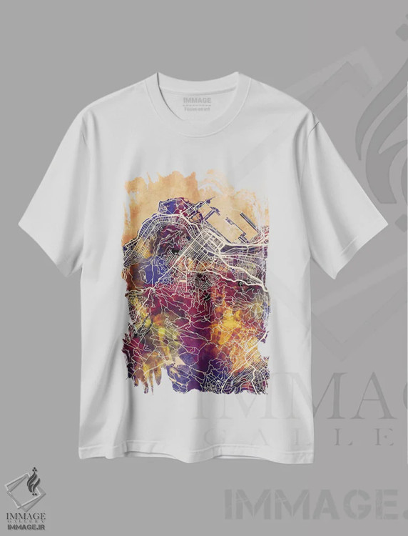 تیشرت سفید طرح دار – تیشرت گرافیکی ,نقشه خیابانی کیپ تاون با لکه های بنفش، آفریقای جنوبی اثر مایکل تامپست immage.ir