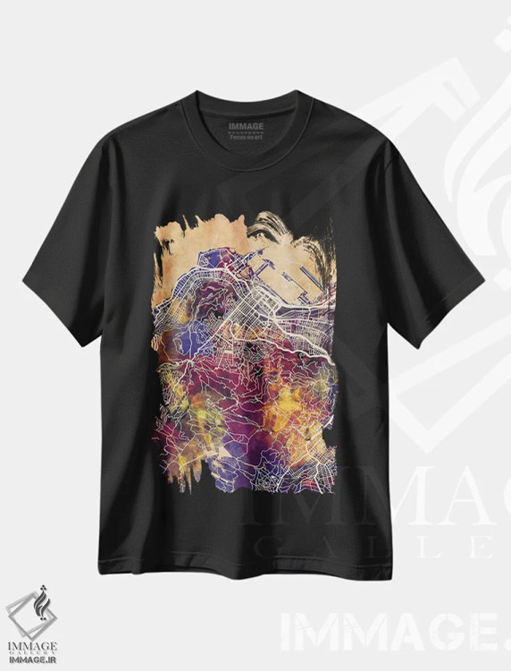 تیشرت مشکی طرح دار – تیشرت گرافیکی ,نقشه خیابانی کیپ تاون با لکه های بنفش، آفریقای جنوبی اثر مایکل تامپست فروشگاه ایماژ