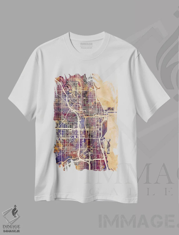 تیشرت سفید طرح دار – تیشرت گرافیکی ,نقشه خیابانی شیکاگو اثر مایکل تامپست فروشگاه ایماژ