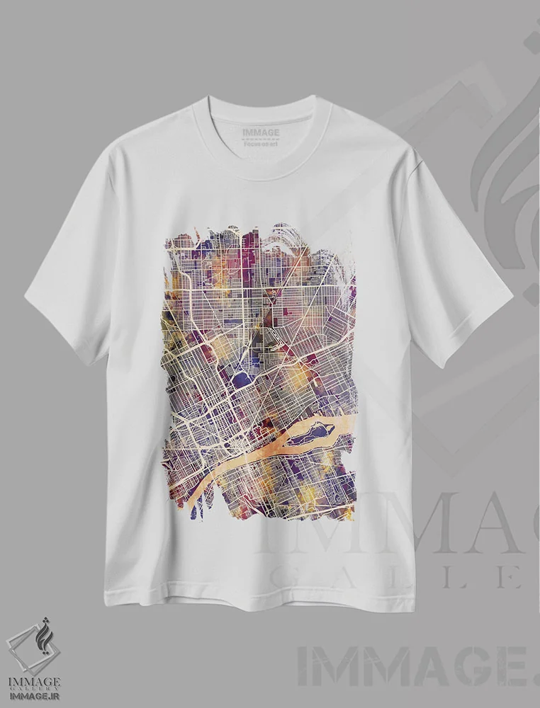 تیشرت سفید طرح دار – تیشرت شهری ,نقشه شهری دیترویت، میشیگان اثر مایکل تامپست immage.ir