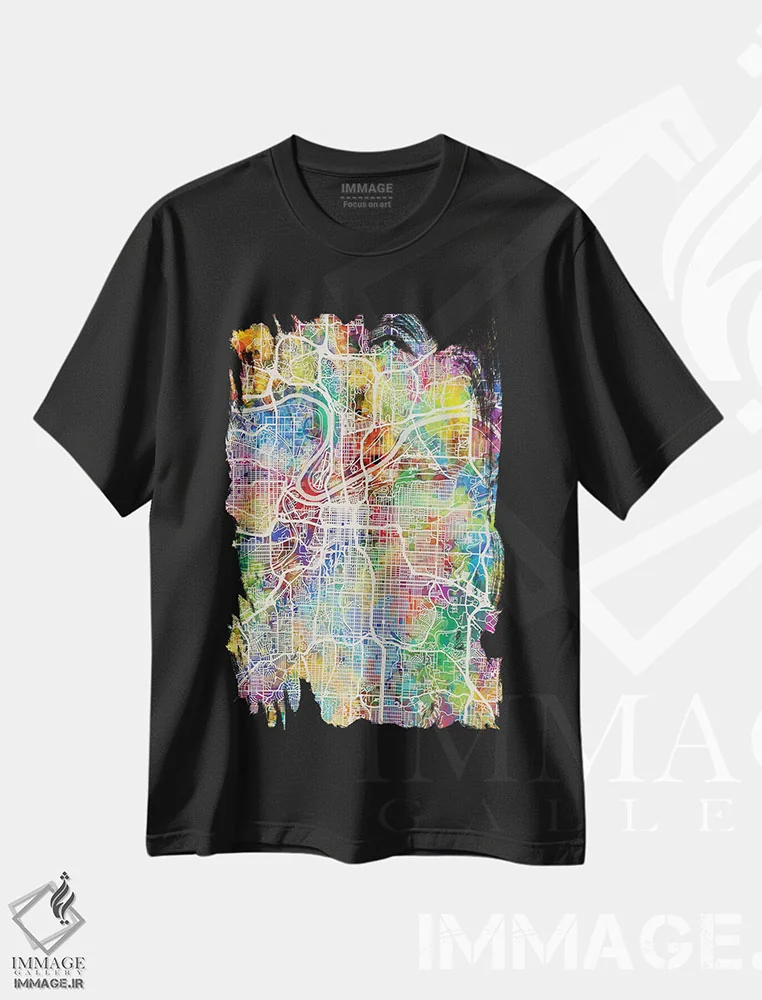 تیشرت مشکی طرح دار – تیشرت هنری شهری ,نقشه شهری کانزاس سیتی، میزوری اثر مایکل تامپست فروشگاه ایماژ