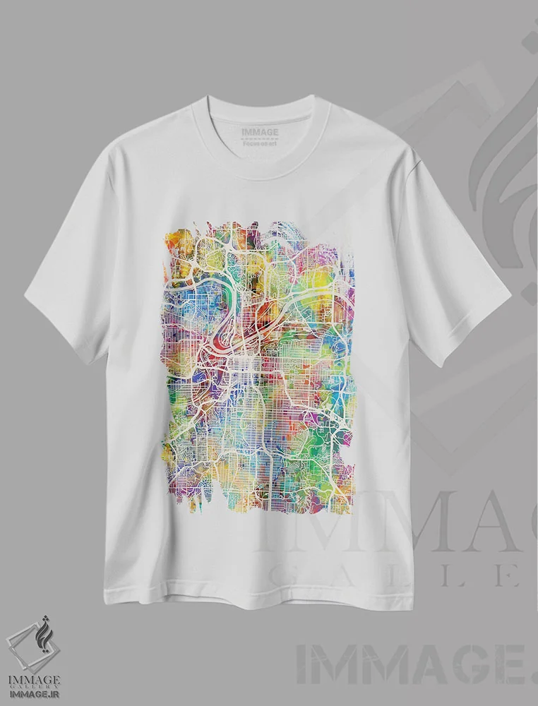 تیشرت سفید طرح دار – تیشرت هنری شهری ,نقشه شهری کانزاس سیتی، میزوری اثر مایکل تامپست immage.ir