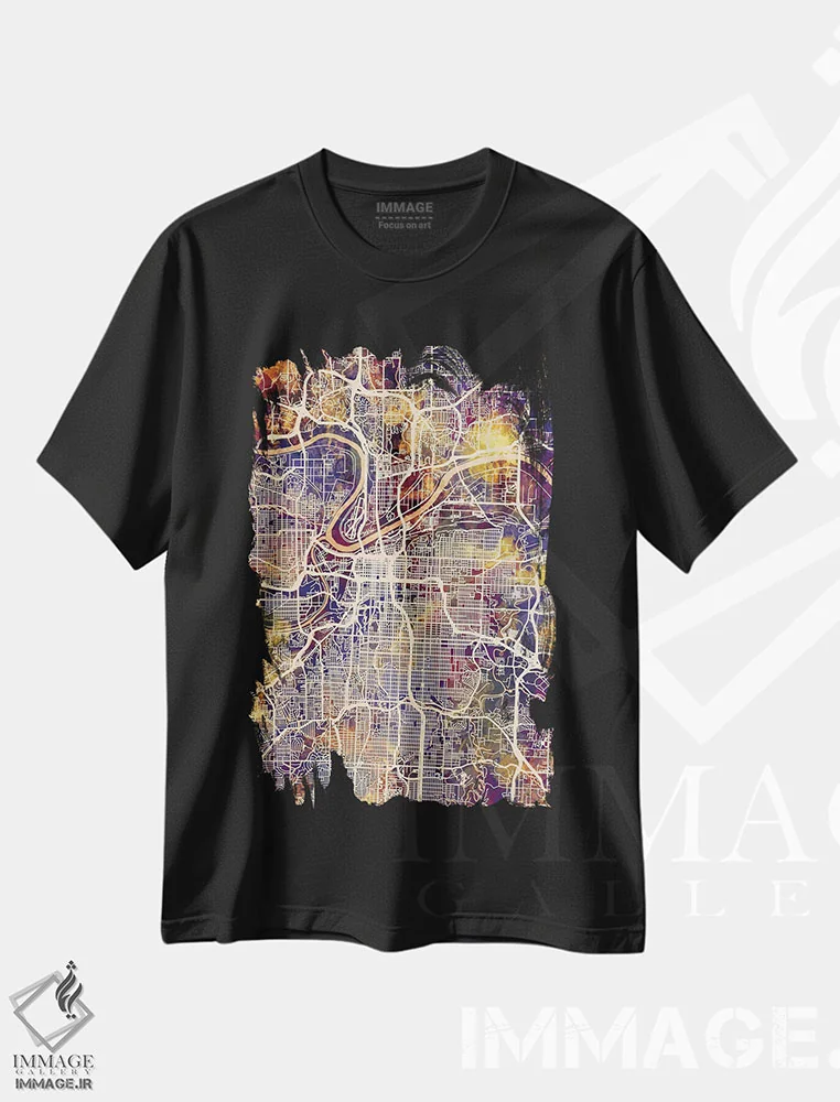 تیشرت مشکی طرح دار – تیشرت نقشه شهری ,نقشه شهری کانزاس سیتی، میزوری اثر مایکل تامپست immage.ir
