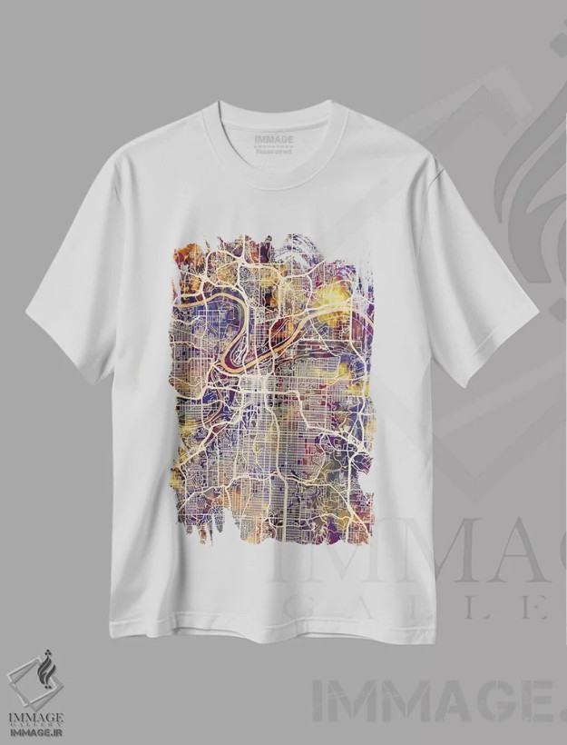 تیشرت سفید طرح دار – تیشرت نقشه شهری ,نقشه شهری کانزاس سیتی، میزوری اثر مایکل تامپست فروشگاه ایماژ