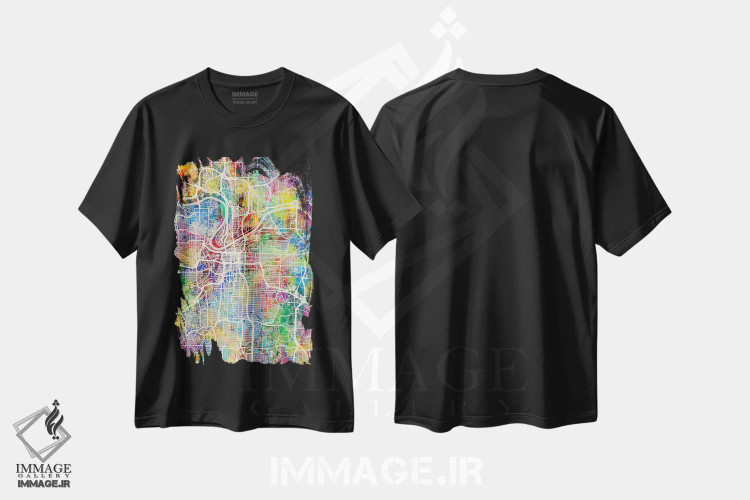 تیشرت مشکی طرح دار – تیشرت هنری شهری ,نقشه شهری کانزاس سیتی، میزوری اثر مایکل تامپست فروشگاه ایماژ