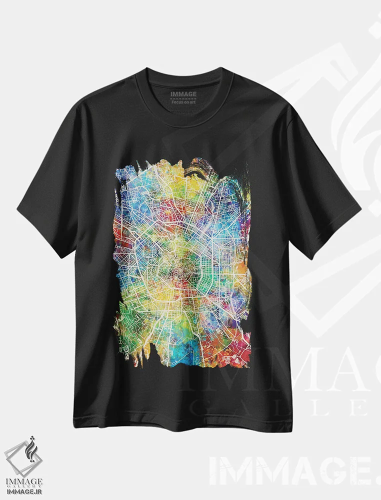 تیشرت مشکی طرح دار – تیشرت اروپایی ,نقشه شهری میلان، ایتالیا اثر مایکل تامپست فروشگاه ایماژ