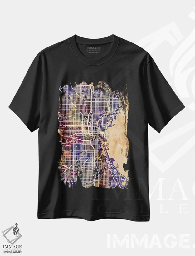 تیشرت مشکی طرح دار – تیشرت نقشه ای ,نقشه شهری میلواکی، ویسکانسین اثر مایکل تامپست فروشگاه ایماژ
