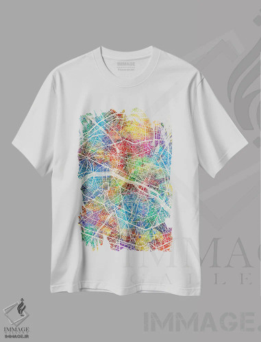 تیشرت سفید طرح دار – تیشرت هنری ,نقشه شهر پاریس فرانسه I اثر مایکل تامپست فروشگاه ایماژ