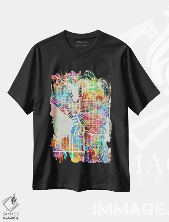 تیشرت مشکی طرح دار – تیشرت هنری شهری ,نقشه خیابان های سیاتل واشنگتن I اثر مایکل تامپست immage.ir