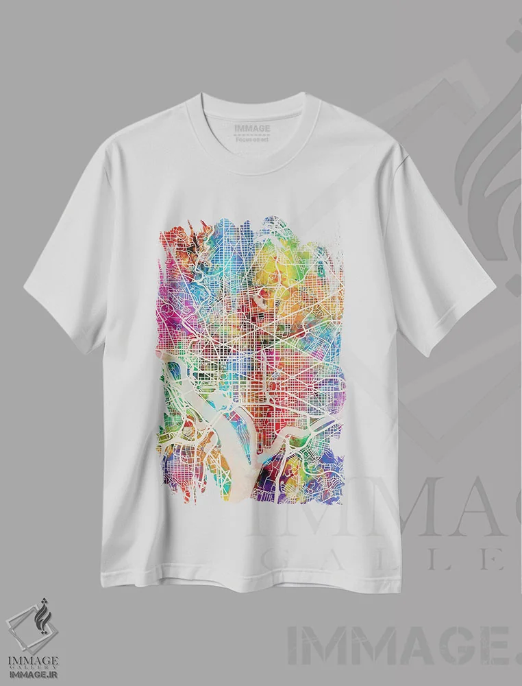 تیشرت سفید طرح دار – تیشرت هنری ,نقشه خیابان های واشنگتن دی سی I اثر مایکل تامپست فروشگاه ایماژ