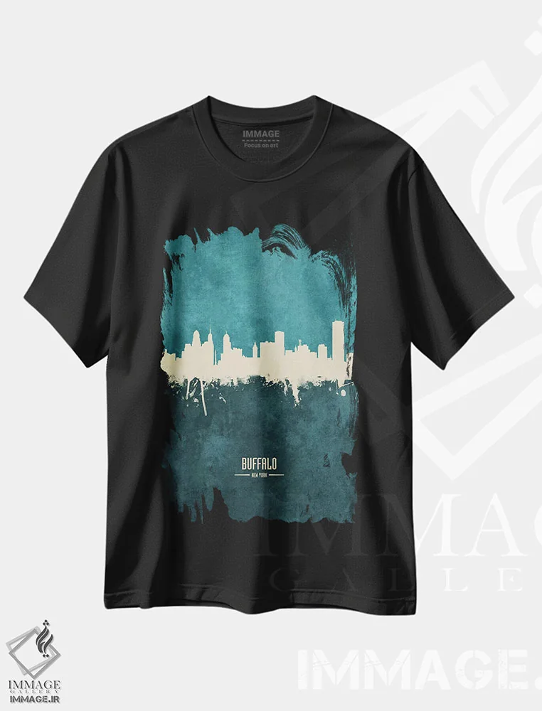 تیشرت مشکی طرح دار – تیشرت شهری ,منظره خط افق بوفالو نیویورک اثر مایکل تامپست فروشگاه ایماژ