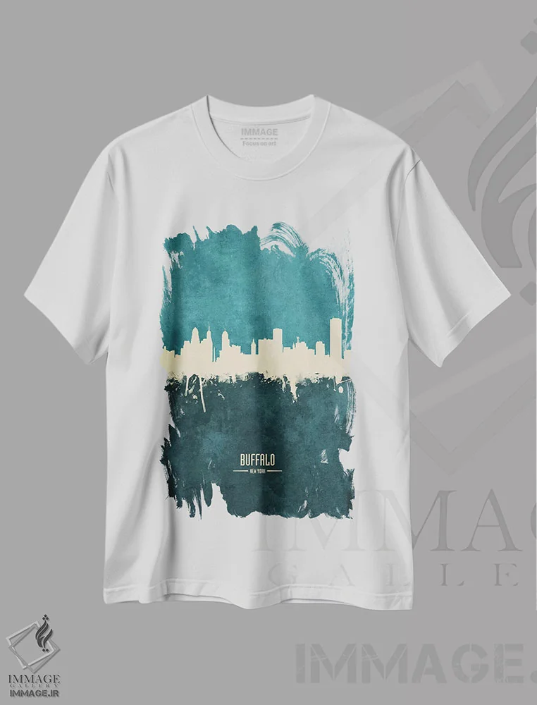 تیشرت سفید طرح دار – تیشرت شهری ,منظره خط افق بوفالو نیویورک اثر مایکل تامپست immage.ir