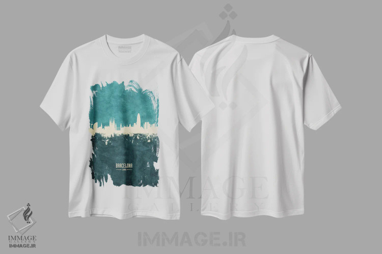 تیشرت سفید طرح دار – تیشرت هنری ,منظره خط افق بارسلونا اسپانیا اثر مایکل تامپست immage.ir