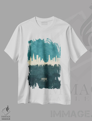 تیشرت سفید طرح دار – تیشرت گرافیکی ,منظره خط افق شیکاگو ایلینوی اثر مایکل تامپست فروشگاه ایماژ