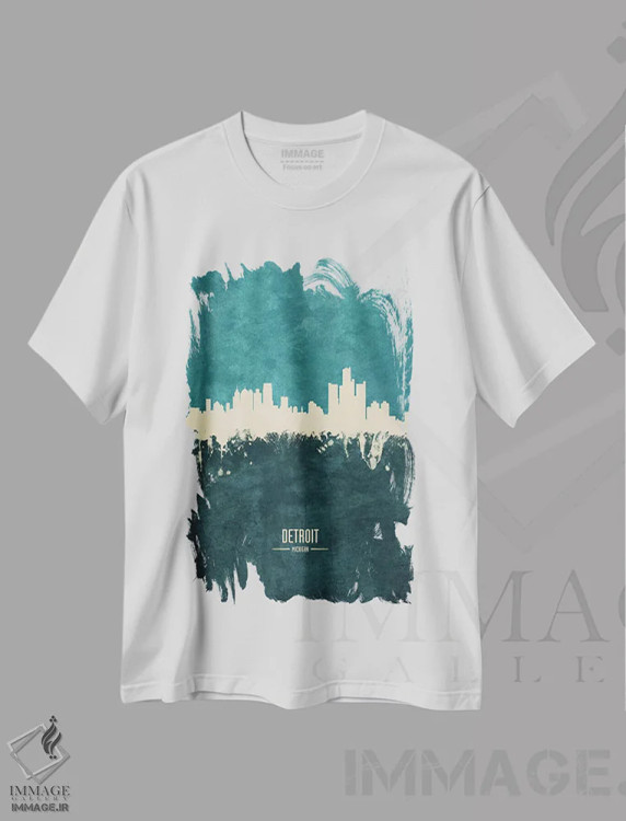 تیشرت سفید طرح دار – تیشرت شهری ,منظرهٔ خط افق دیترویت، میشیگان اثر مایکل تامپست immage.ir