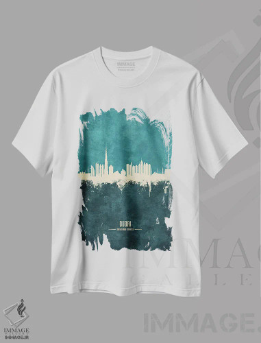 تیشرت سفید طرح دار – تیشرت شهری ,منظرهٔ خط افق دبی، امارات متحده عربی اثر مایکل تامپست فروشگاه ایماژ