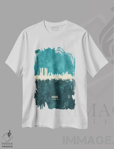 تیشرت سفید طرح دار – تیشرت شهری ,منظرهٔ خط افق مادرید، اسپانیا اثر مایکل تامپست فروشگاه ایماژ