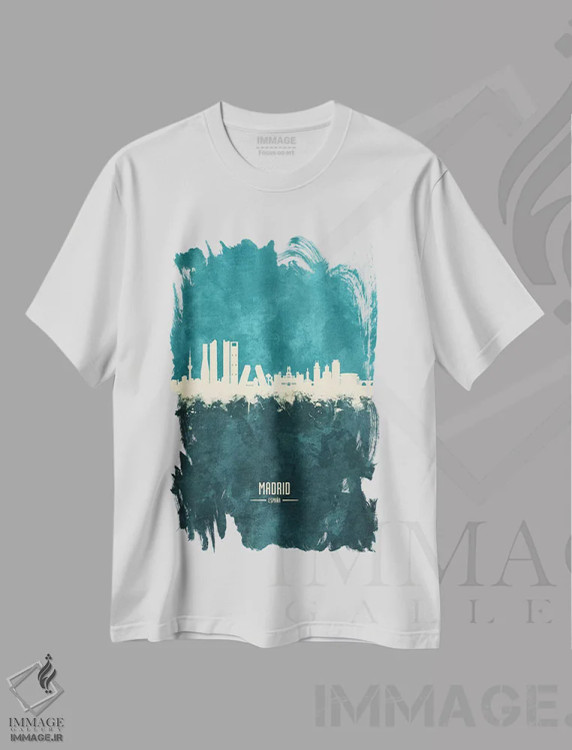 تیشرت سفید طرح دار – تیشرت شهری ,منظرهٔ خط افق مادرید، اسپانیا اثر مایکل تامپست فروشگاه ایماژ