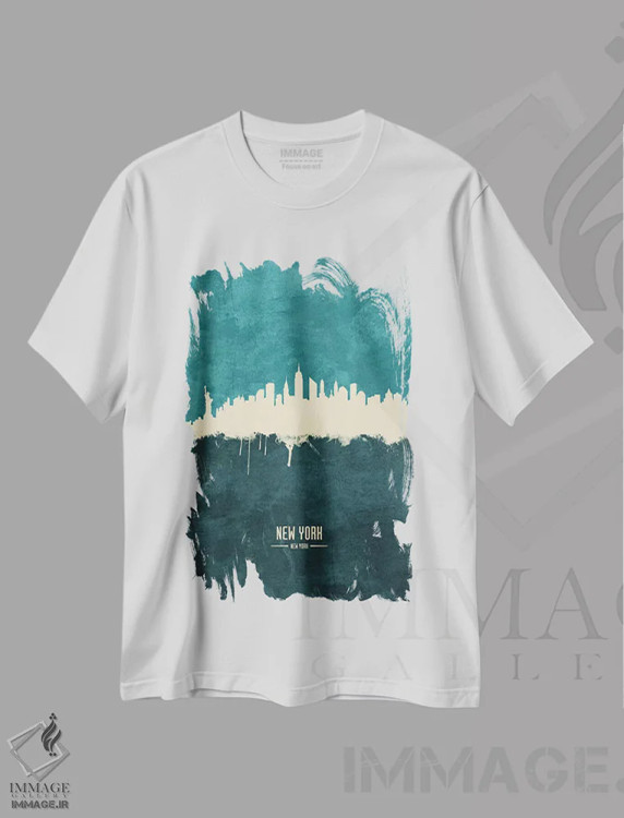 تیشرت سفید طرح دار – تیشرت شهری ,منظرهٔ خط افق شهر نیویورک اثر مایکل تامپست immage.ir