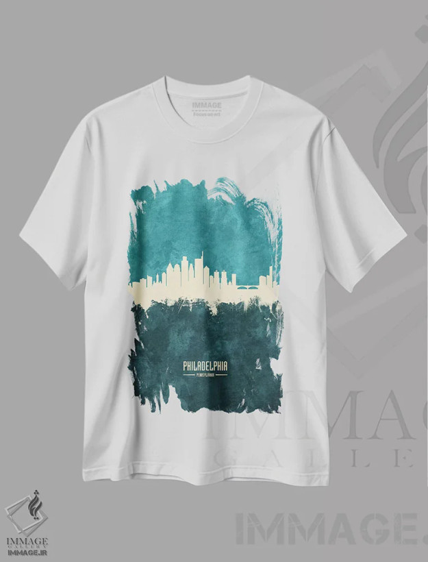 تیشرت سفید طرح دار – تیشرت مینیمال ,منظرهٔ خط افق فیلادلفیا، پنسیلوانیا اثر مایکل تامپست فروشگاه ایماژ